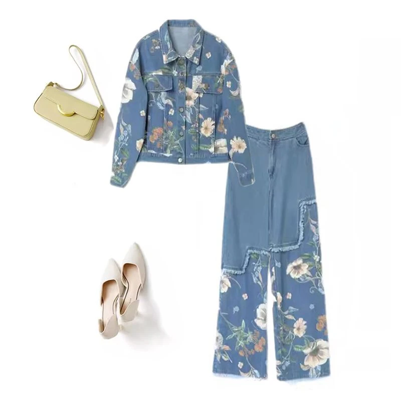 春秋装休闲职业时尚套装2024新款女装洋气显瘦牛仔阔腿裤两件套潮