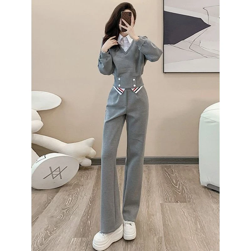 欧货休闲运动套装女秋洋气显瘦假两件卫衣高腰直筒裤两件套潮