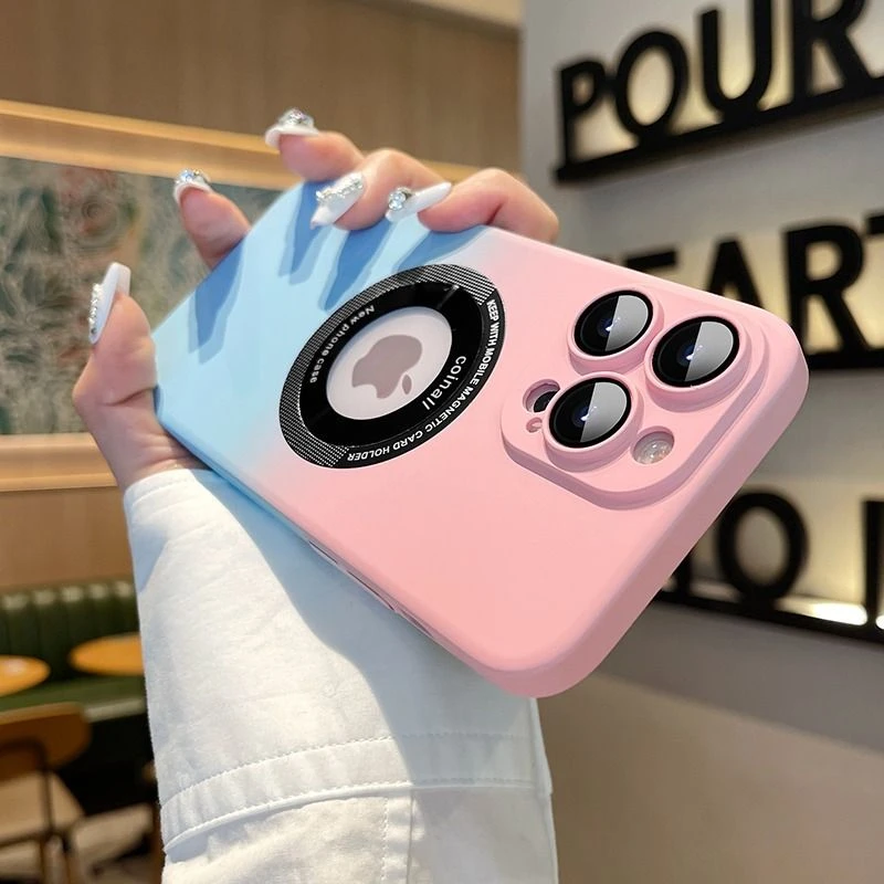 渐变磁吸露标苹果15promax手机壳新款磨砂iPhone14带镜头膜防尘13