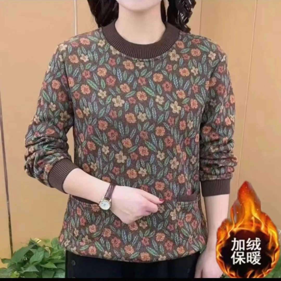 2025年秋冬印花时尚洋气加绒冬季加厚打底衫半高领保暖上衣百搭