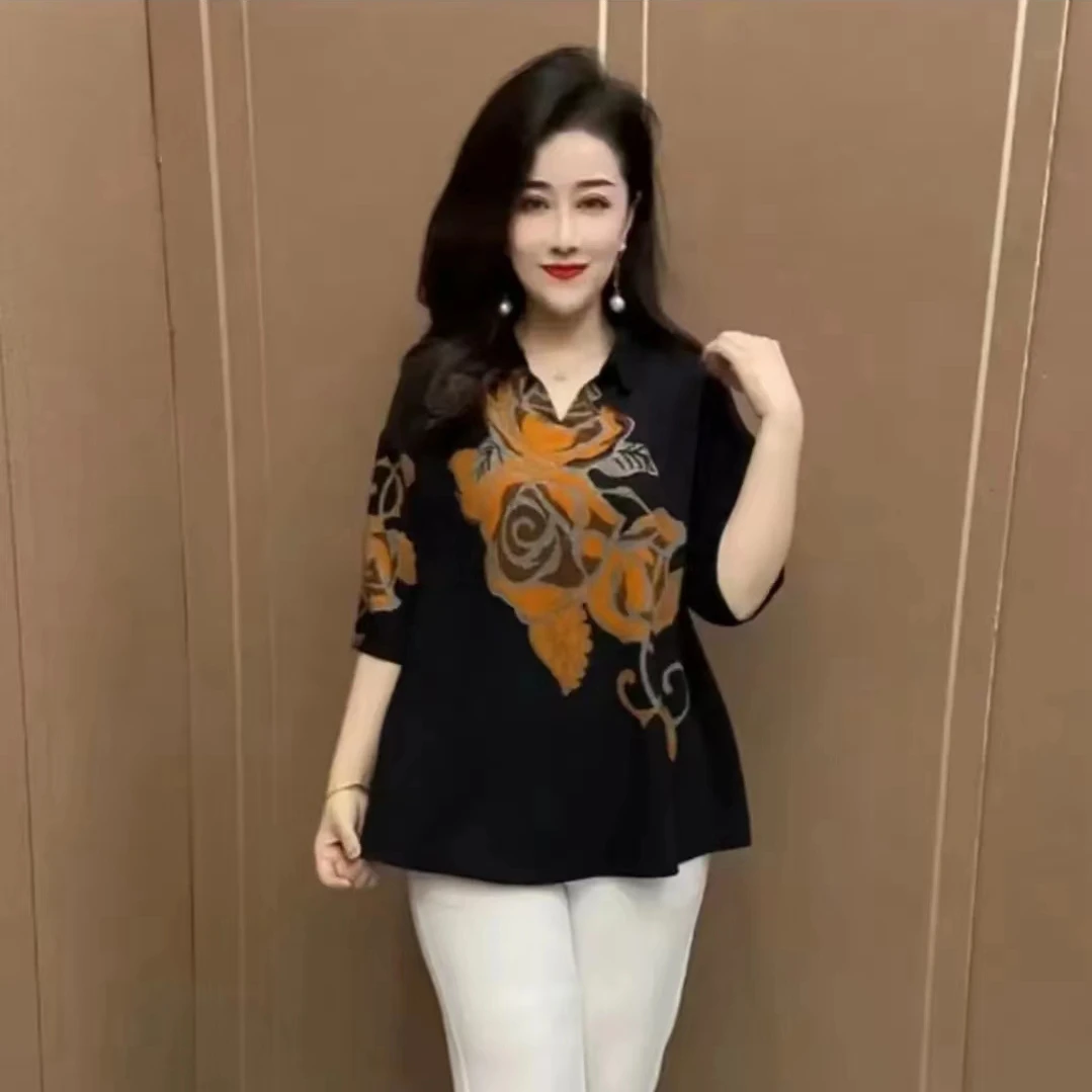 显瘦洋气时尚百搭夏季宽松小衫印花大码气质减龄遮肚上衣女装