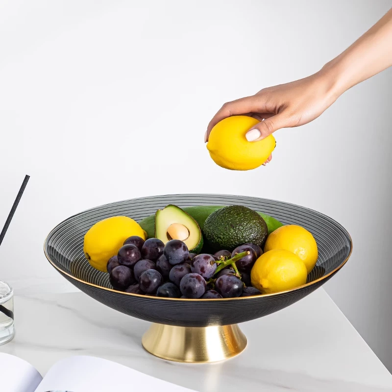 轻奢花瓶摆件高端描金玻璃黄铜托盘收纳大水果盘客厅
