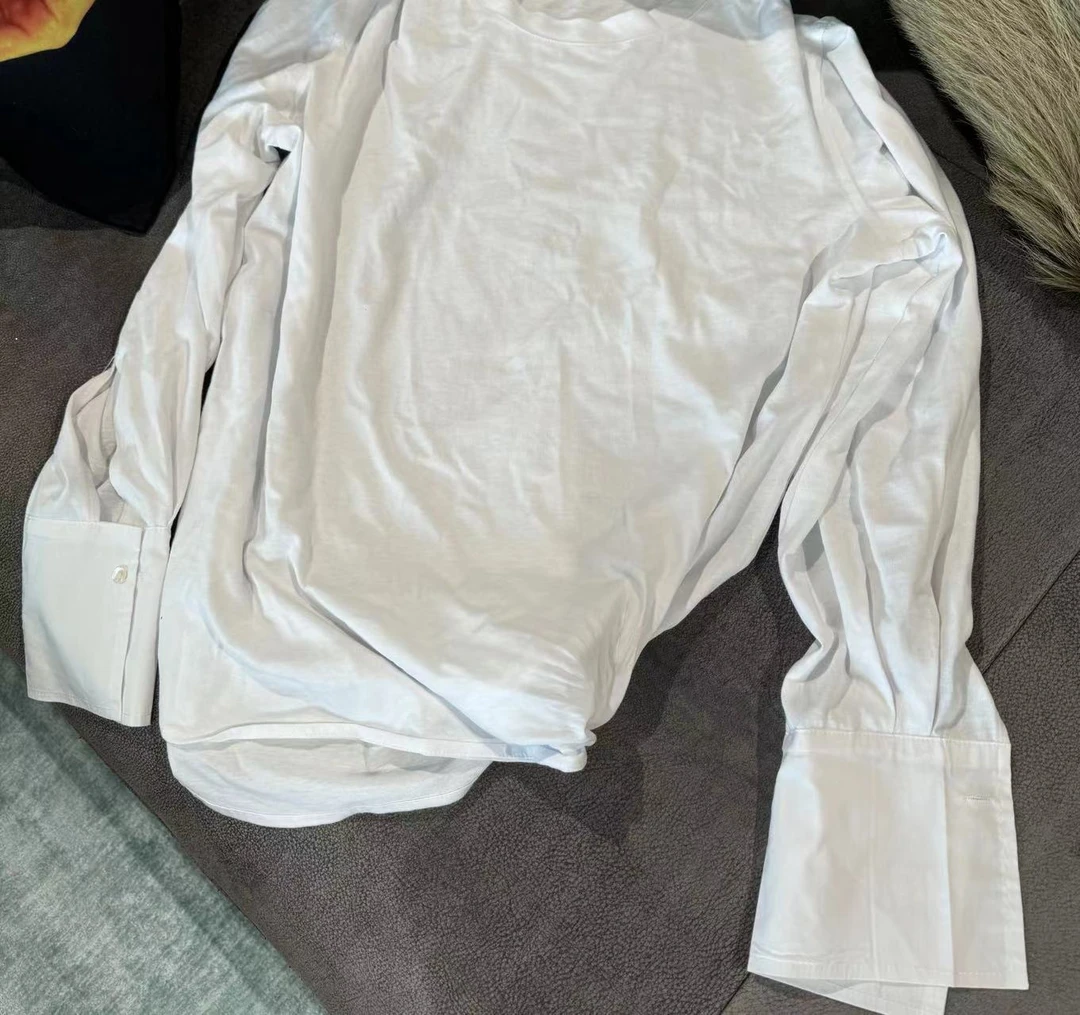 【HAV】 时髦百搭圆领净版下摆弧形设计袖口拼接长袖套头上衣