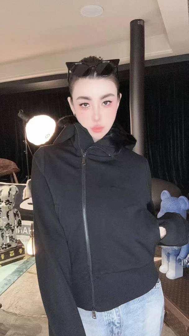 【HAV】  新款时髦百搭连帽双拉链头兔毛拼接保暖修身长袖卫衣外套