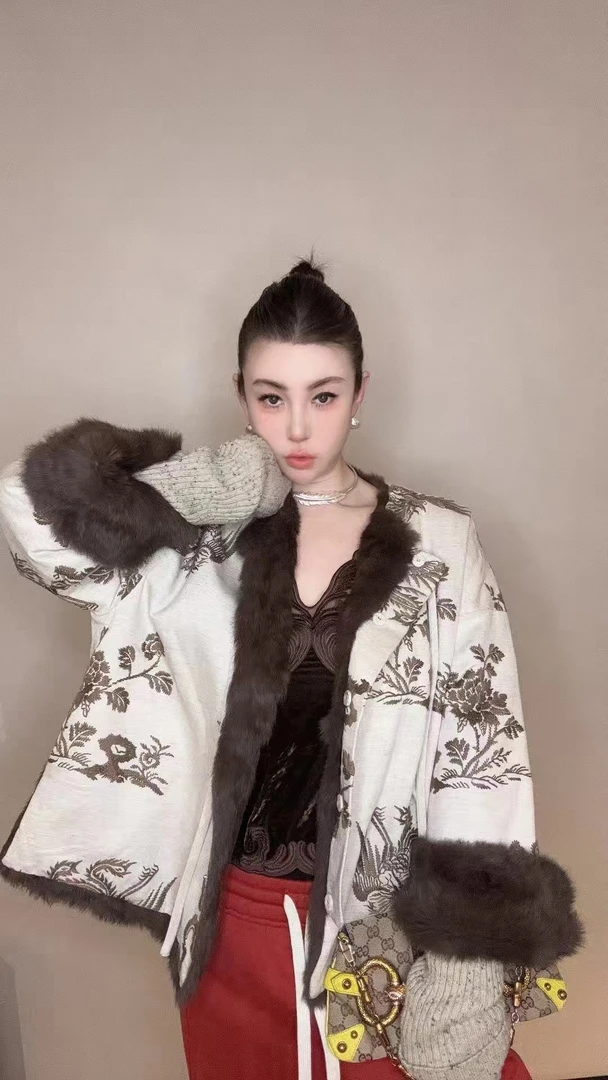 【HAV】新款时髦毛毛领刺绣国风系带两面穿长袖外套