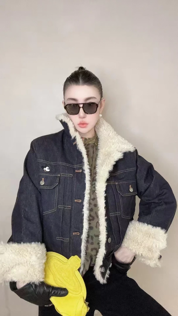 【HAV】新款时髦大翻领毛毛米奇两面穿长袖牛仔外套