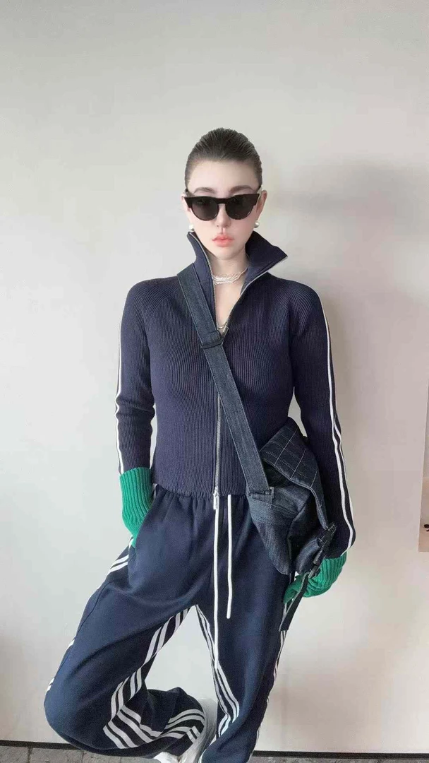 【HAV】新款时髦双拉链头修身显瘦立领侧横杠针织开衫毛衣