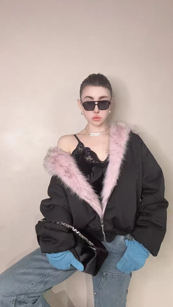 【HAV】新款时髦两面穿连帽毛茸茸保暖拉链长袖外套