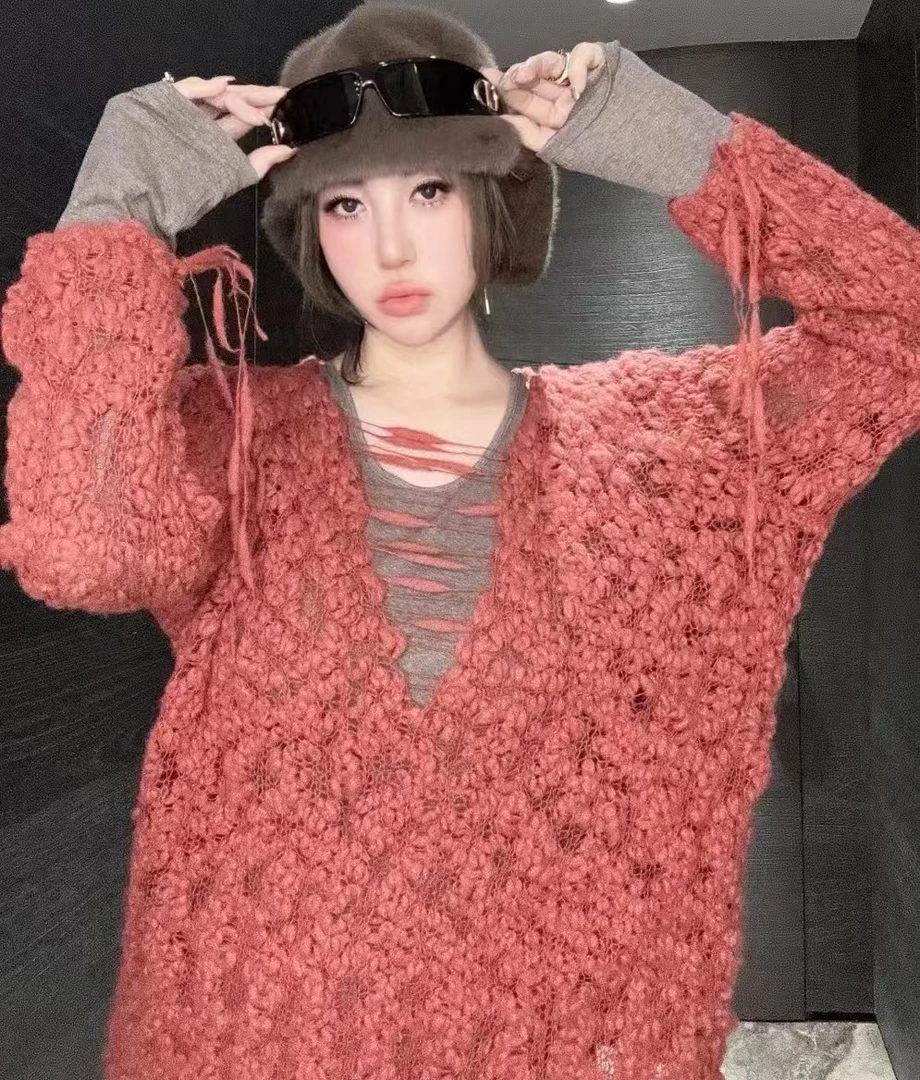 【HAV】  新款时髦慵懒风V领宽松两面穿镂空针织长袖套头毛衣