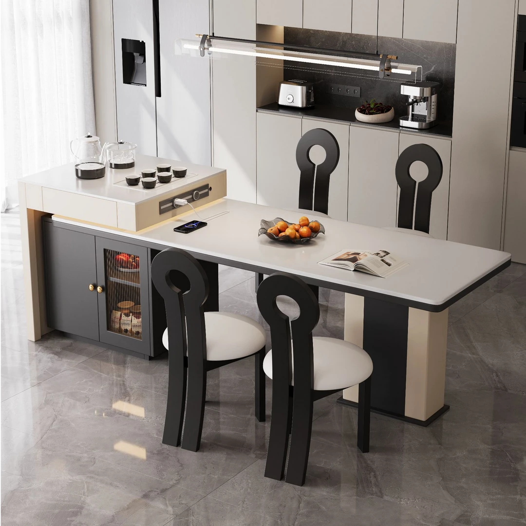 高级黑色岩板餐桌一体可伸缩餐桌实木岛台现代简约家用多功能饭桌