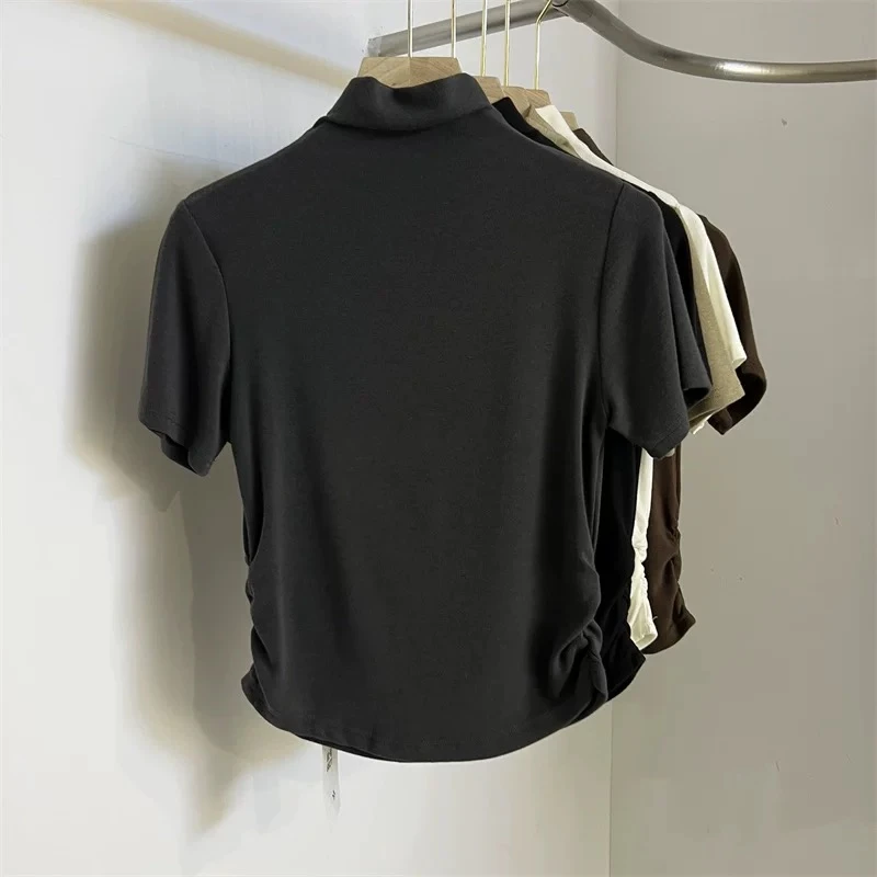 气质小立领正肩短袖T恤女夏季纯色半高领百搭修身打底上衣