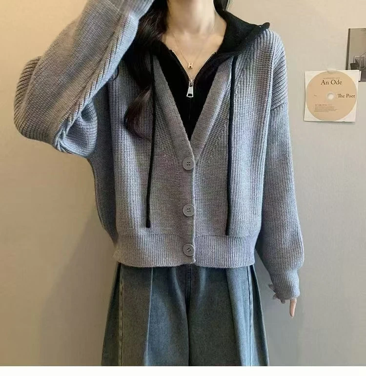 今年流行连帽毛衣外套女秋冬大码胖mm显瘦假两件针织开衫帽衫上衣