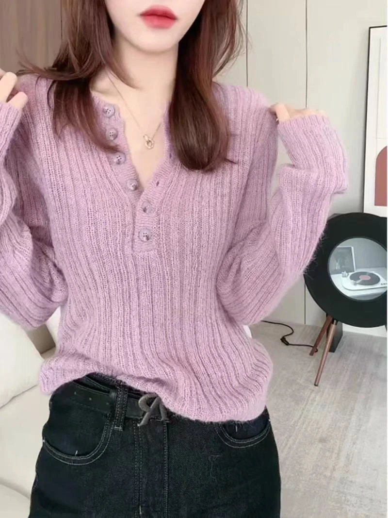 琦琦子 A3858# 东大门韩版粉紫色坑条半开领针织衫新款毛衣