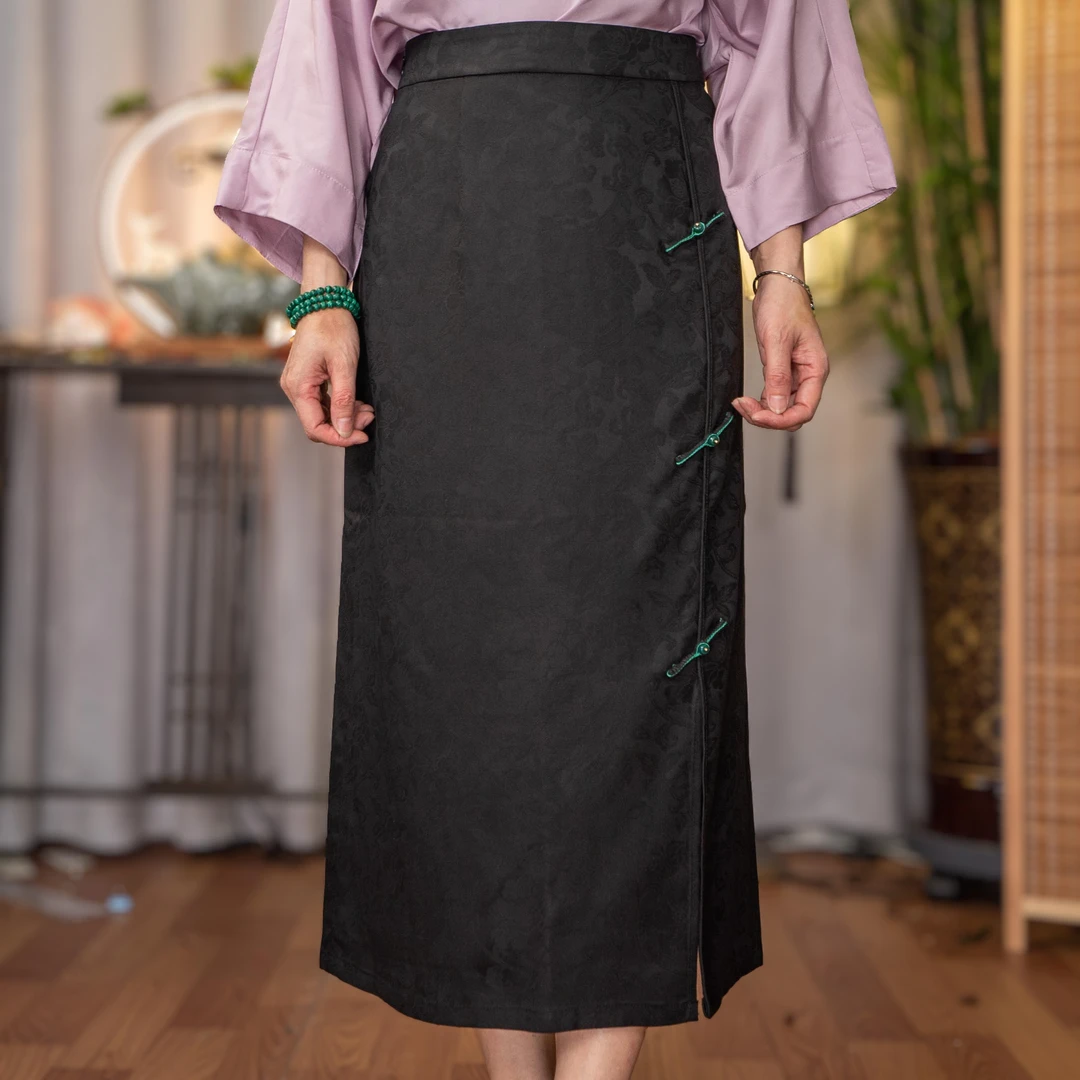 【香罗衣】香云纱花罗腰裙︱100%桑蚕丝国风黑色气质百搭半身裙休闲