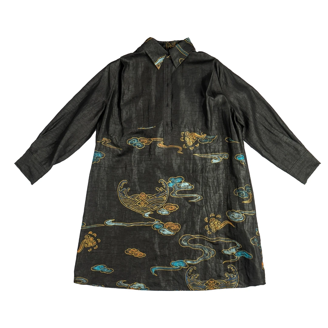 【非遗顺德香云纱】祥云瑞彩｜手绘龟裂纹连衣裙｜新中式国风衬衣裙