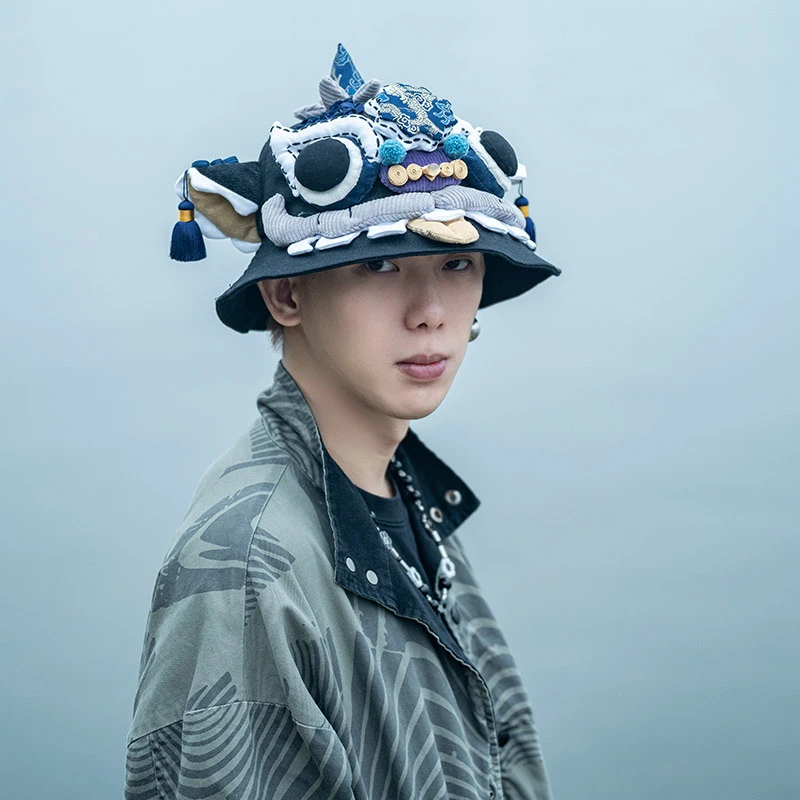 芽小七原创国潮醒狮夏季手工渔夫帽情侣款大帽檐盆帽遮阳帽防晒