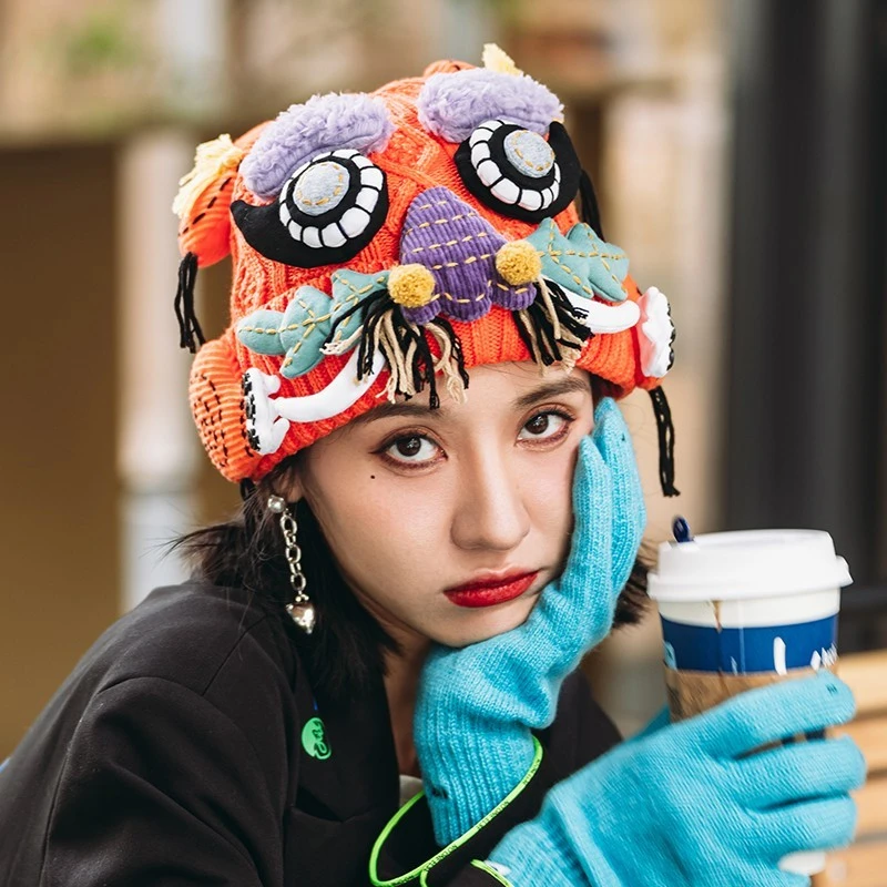 芽小七原创设计虎头国潮毛织手工冬季帽子女保暖毛线成人针织帽
