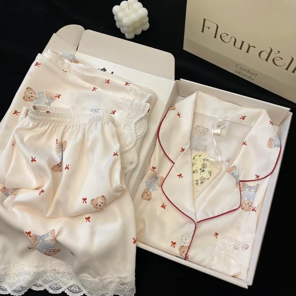 甜美可爱小熊印花冰丝短袖睡衣女夏季新款蕾丝花边短裤家居服套装