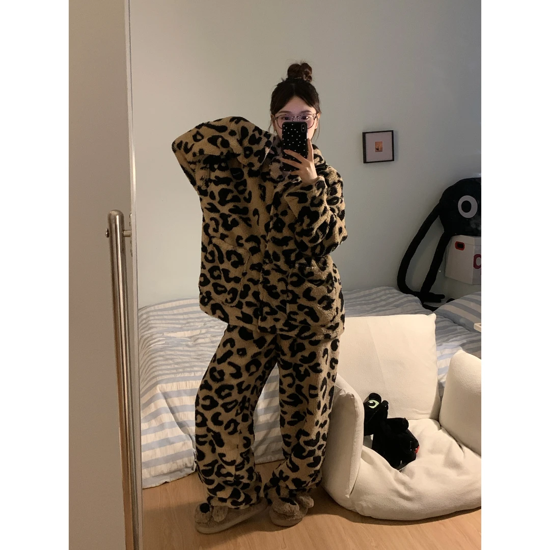 【豹纹印花】女士珊瑚绒睡衣2024秋冬季加厚保暖法兰绒家居服套装