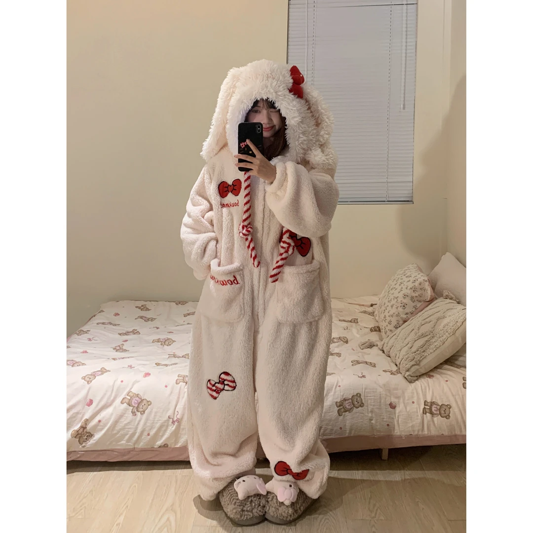 【蝴蝶结kitty猫】毛绒连帽连体衣网红珊瑚绒睡衣女外穿款家居服