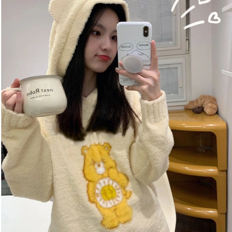 少女加厚小熊连帽针织睡衣女秋冬季2023年新款长袖长裤家居服套装