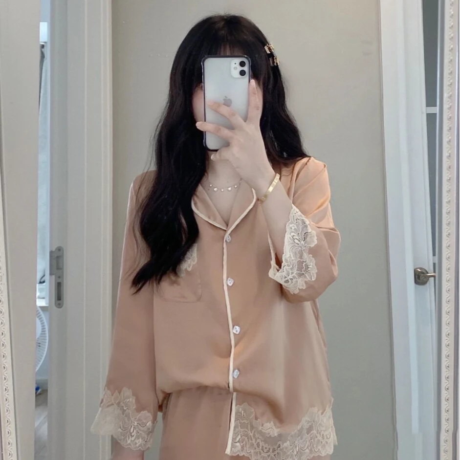 纯色高级感蕾丝边冰丝睡衣女春秋款2025新款家居服外穿款家居服