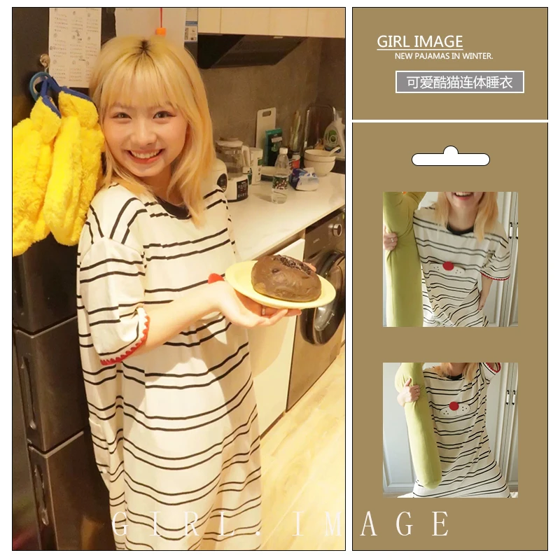 可爱酷猫短袖睡衣女夏款新款少女卡通连体睡衣家居服睡裙连衣裙子