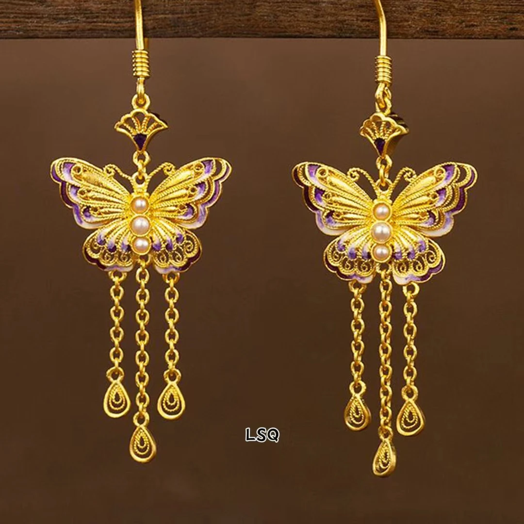 铜合金仿珍珠耳饰 SQ思岐-新中式福满传家花丝贝珠蝴蝶耳饰4398