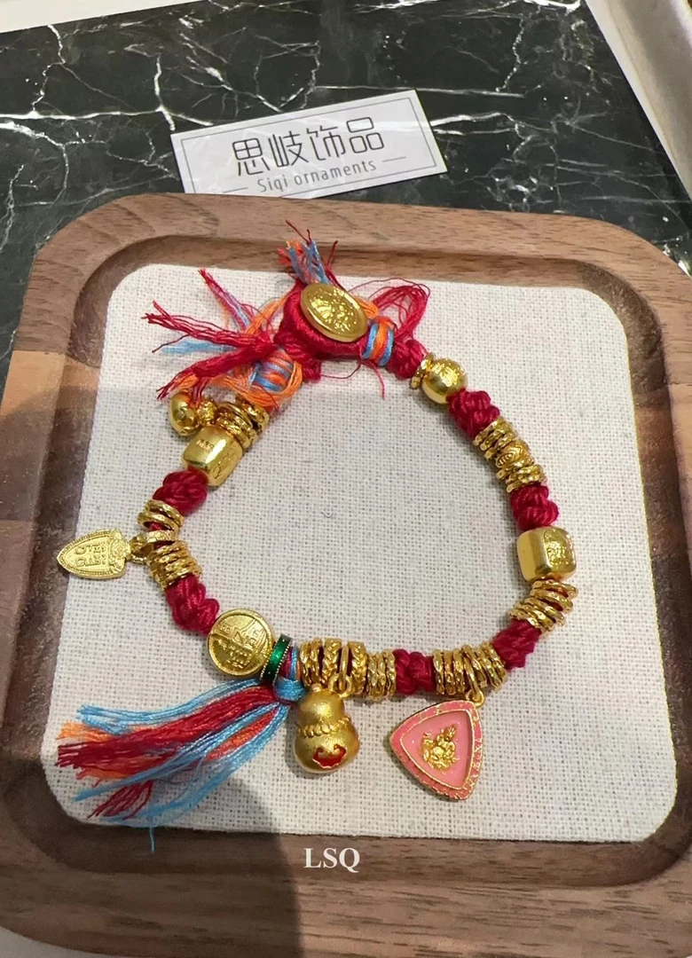 铜合金布艺手链 SQ新中式24秋冬-绿度母黄财神盘缠招财手链5083