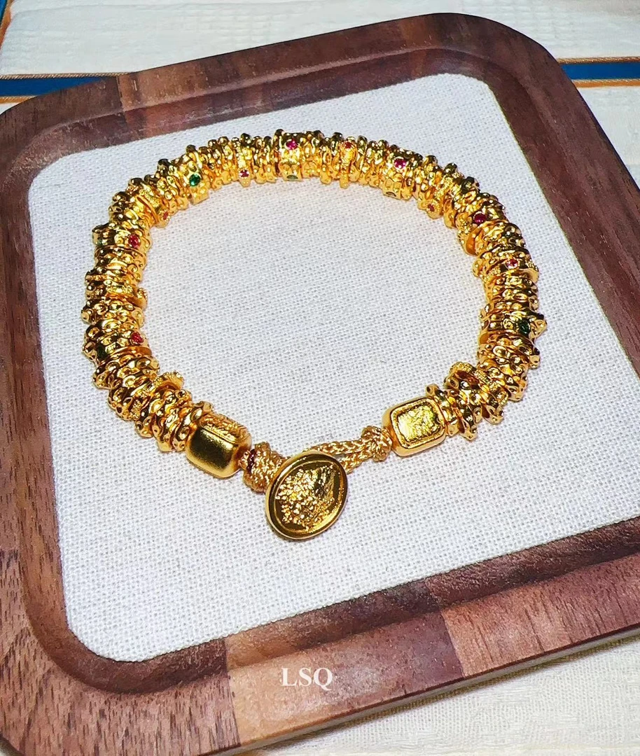 铜合金合成锆石手链 SQ思岐-新中式家财贯黄财神扎基手链4375