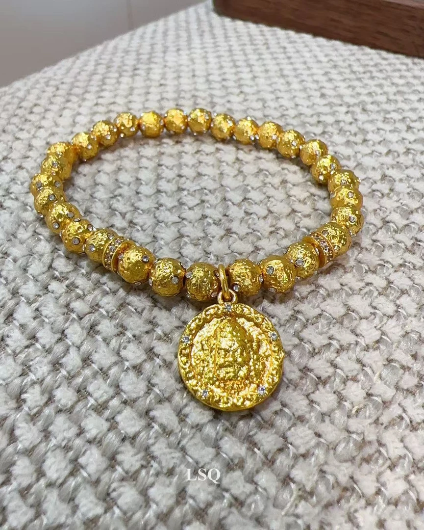 铜合金合成锆石手链 双十一暴款-黄财神九字真言锤纹转手链5313