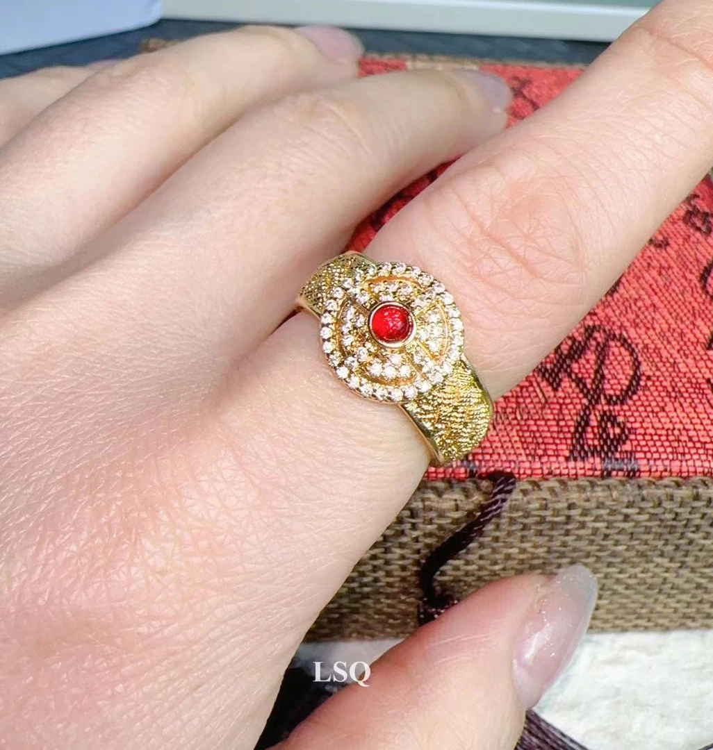 铜合金合成锆石戒指 SQ思岐-新中式点锆花丝寿纹燕京八绝戒指4039