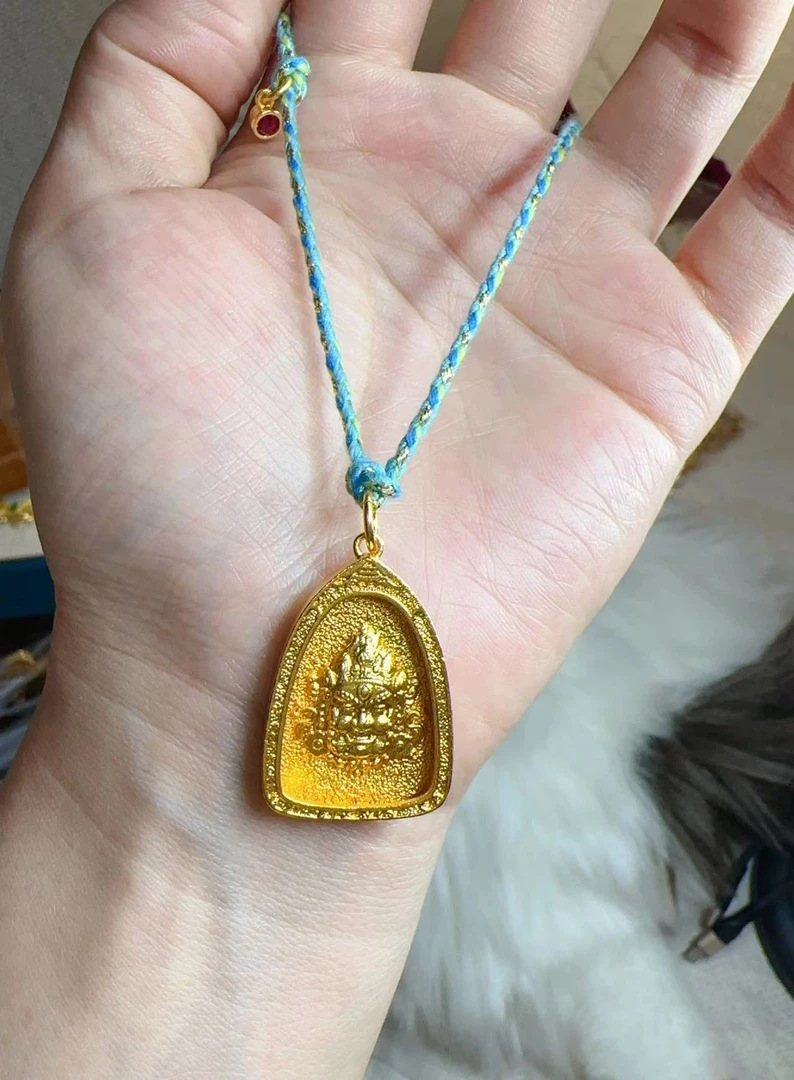 铜合金布艺项链 SQ思岐-新中式手工编绳三角形黄财神吊坠项链4832