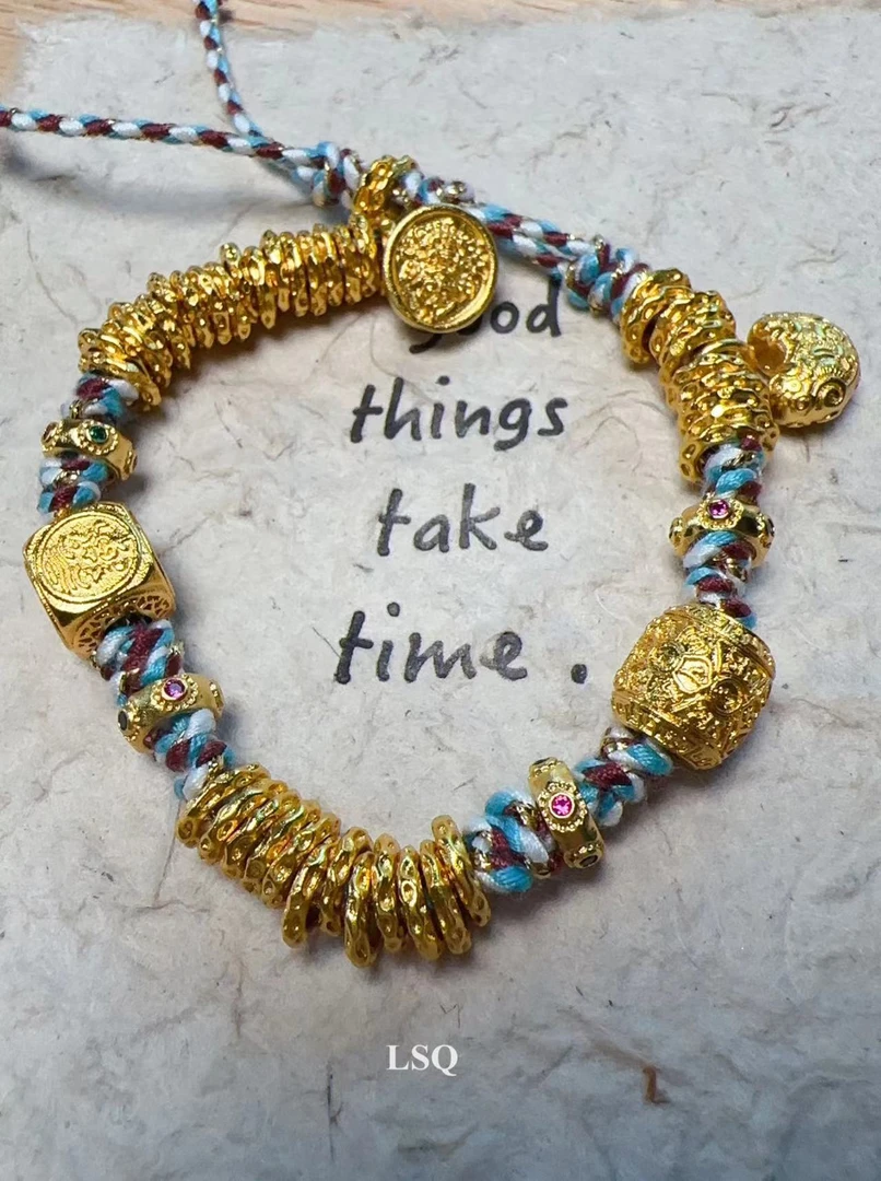 铜合金布艺手链 SQ思岐-新中式黄财神扎基拉胡锤纹盘缠手链4705