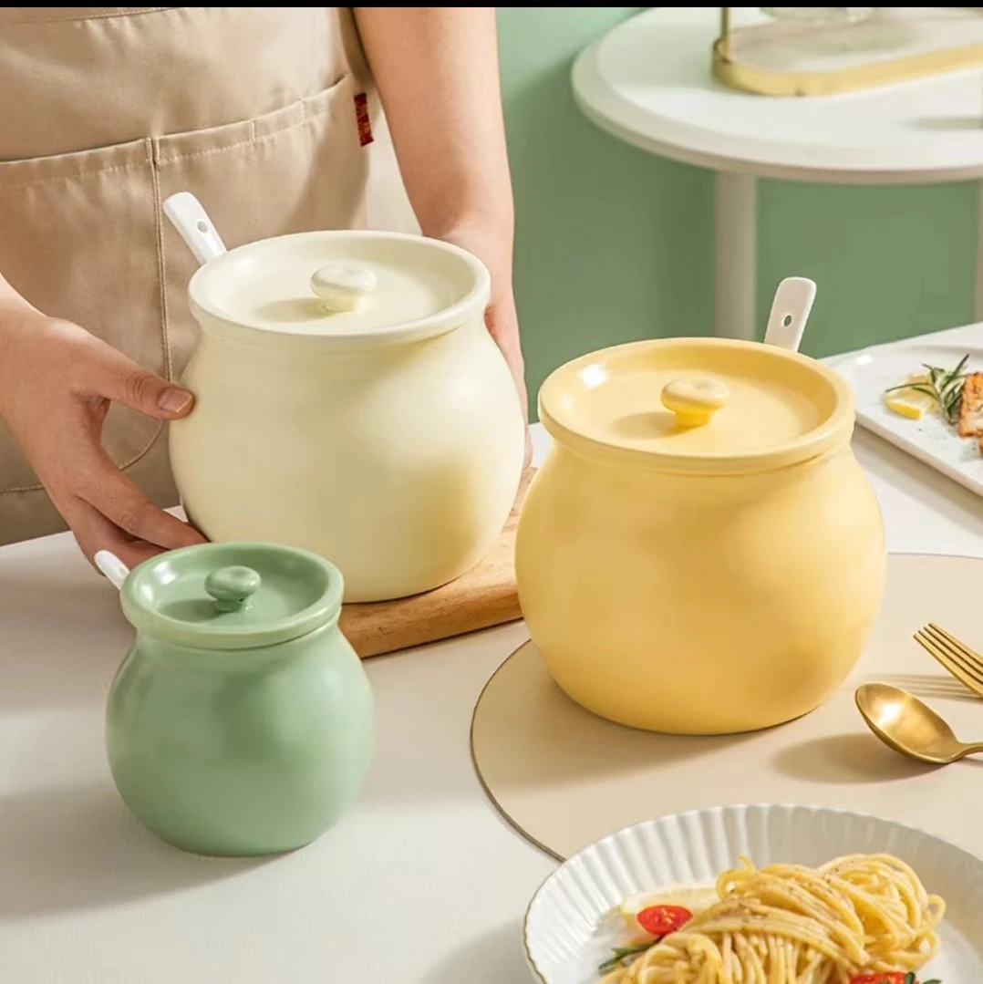 奶油色猪油罐带盖带勺家用耐高温辣椒油罐陶瓷调料罐防尘轻奢