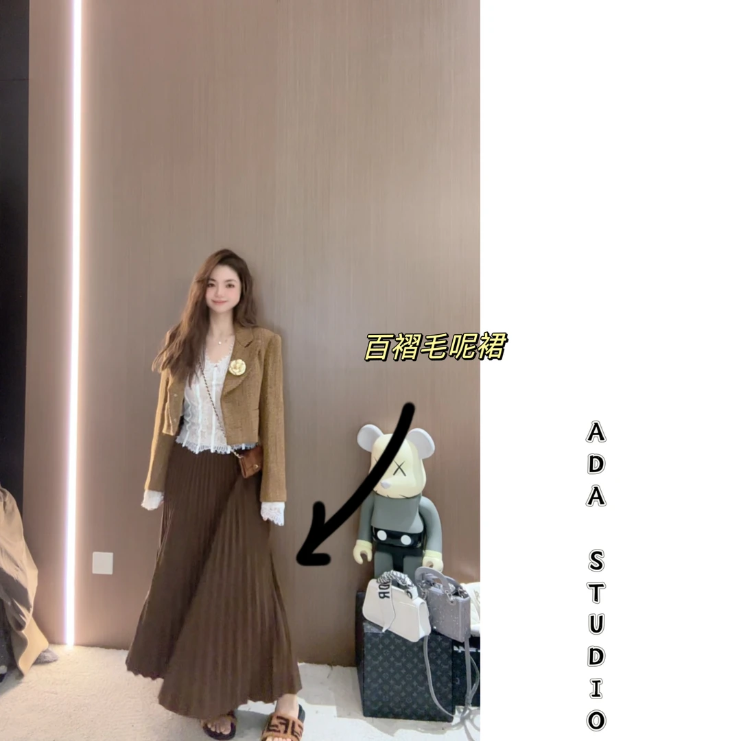 Ada定制【复古味道】2024年秋冬季新款百搭毛呢高腰a字百褶半身裙女