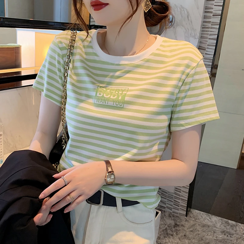 棉质条纹短款T恤女2024夏季新款韩版宽松显瘦圆领印花百搭上衣潮