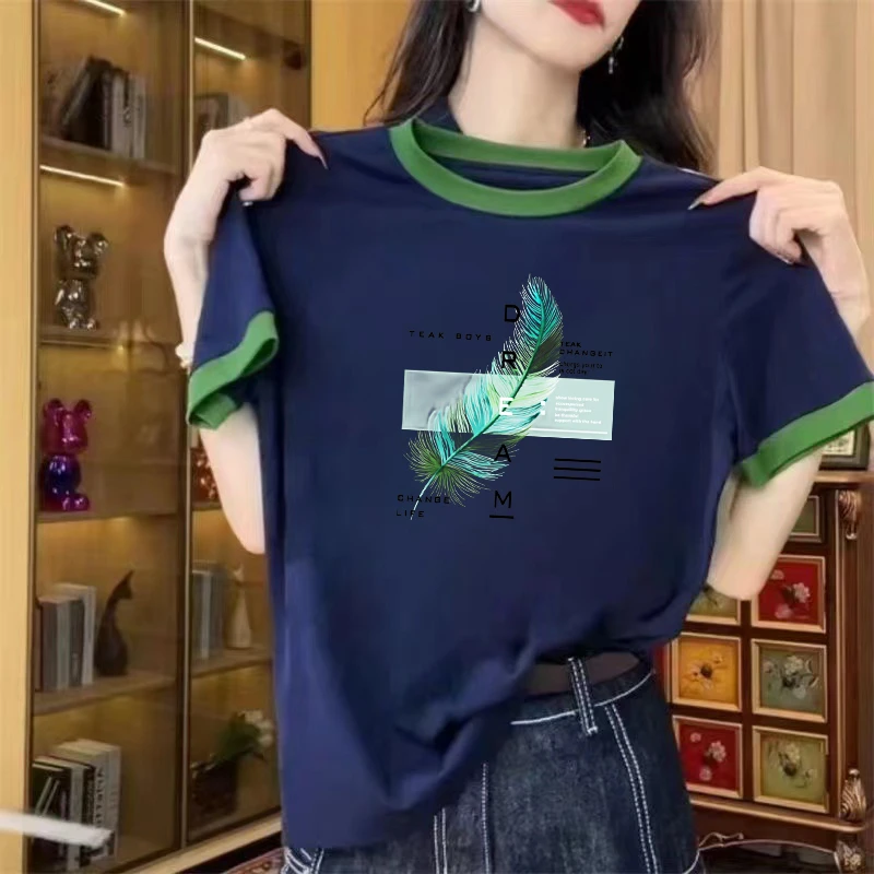 时尚撞色印花短袖t恤女士夏季新款宽松休闲百搭印花减龄别致上衣