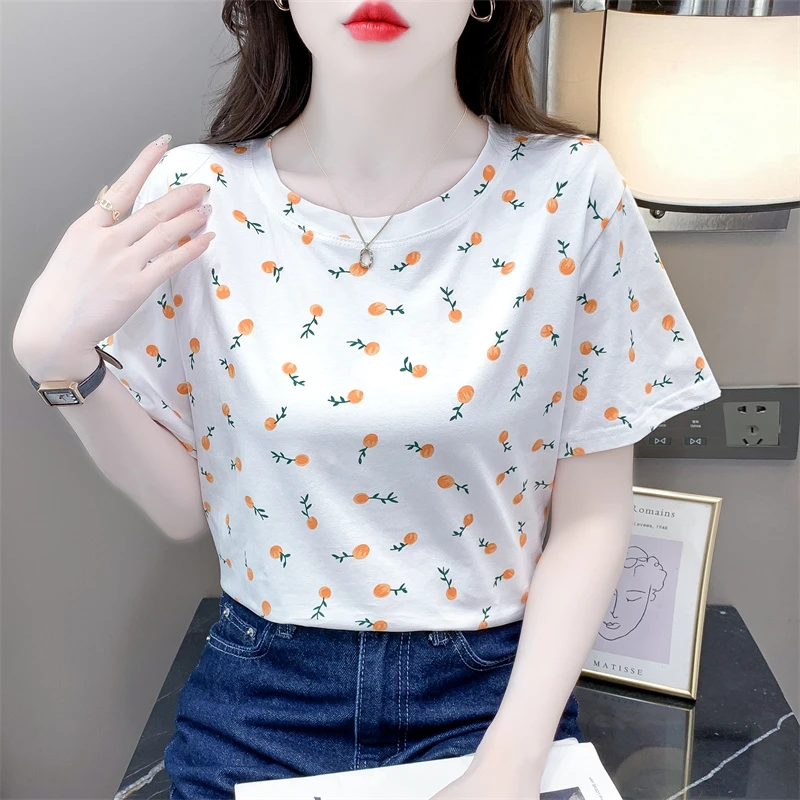 时尚碎花印花短袖T恤女夏季新款宽松休闲百搭减龄圆领体恤上衣服