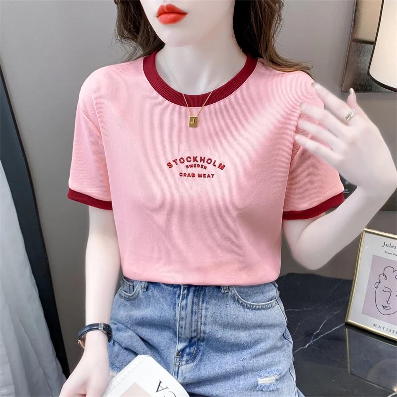 时尚撞色螺纹短袖t恤女夏季新款修身显瘦设计感小众圆领体恤上衣