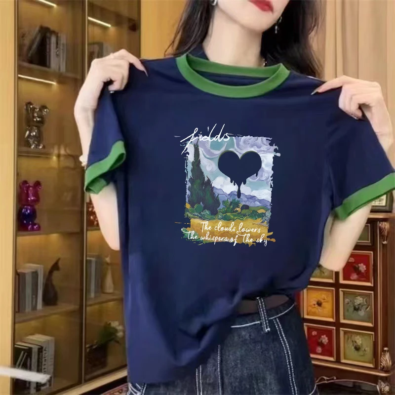 时尚撞色印花短袖t恤女士夏季新款宽松休闲百搭印花减龄别致上衣