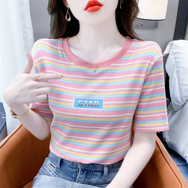 彩色条纹短袖t恤女2024春夏新款修身显瘦设计感小众印花短款上衣