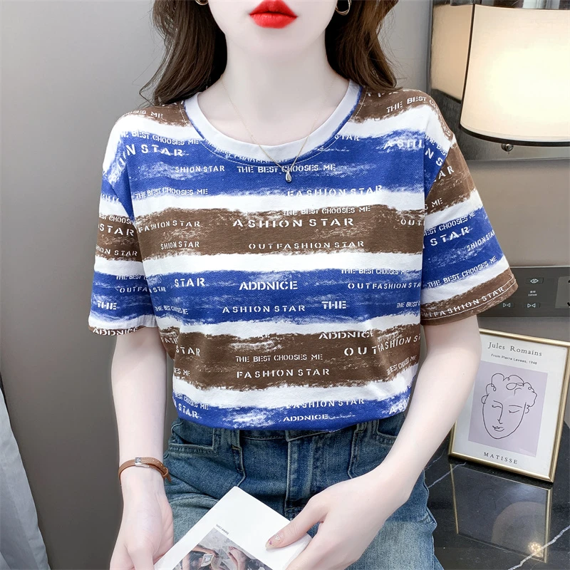 时尚条纹印花宽松短袖t恤女夏季新款洋气百搭薄款圆领体恤上衣女