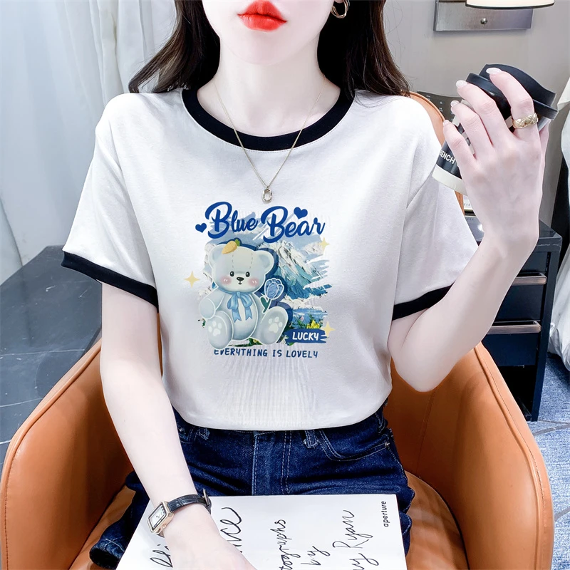 女士夏季撞色白色短袖t恤新款宽松休闲百搭印花圆领气质减龄上衣