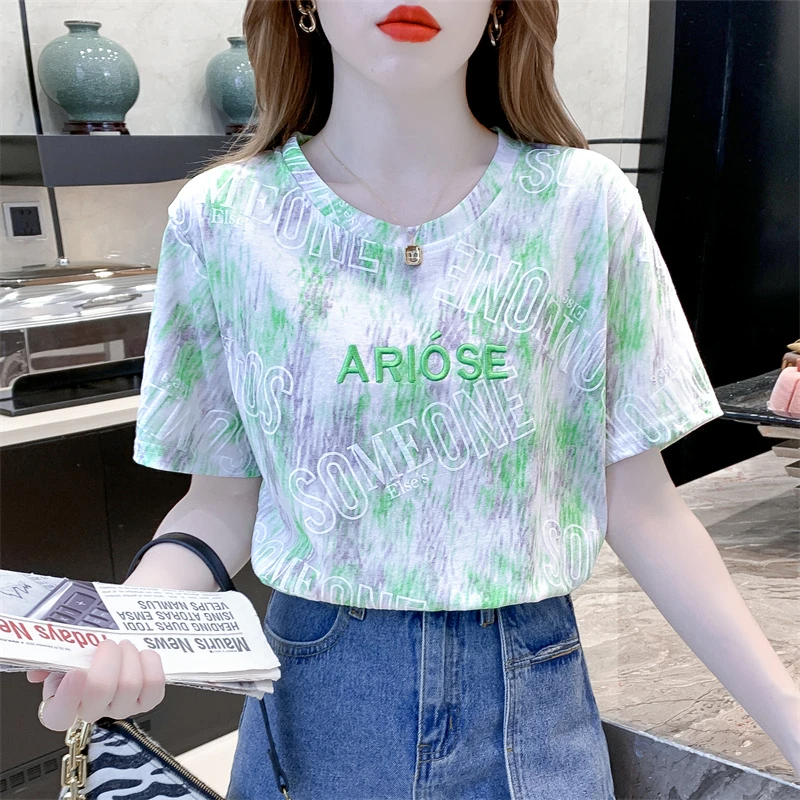 重工扎染女t恤短袖夏装新款时尚高级感刺绣宽松百搭圆领半袖体恤