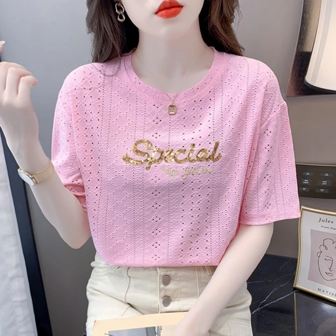 重工亮片刺绣蕾丝镂空短袖T恤女2024夏季新款宽松休闲百搭上衣