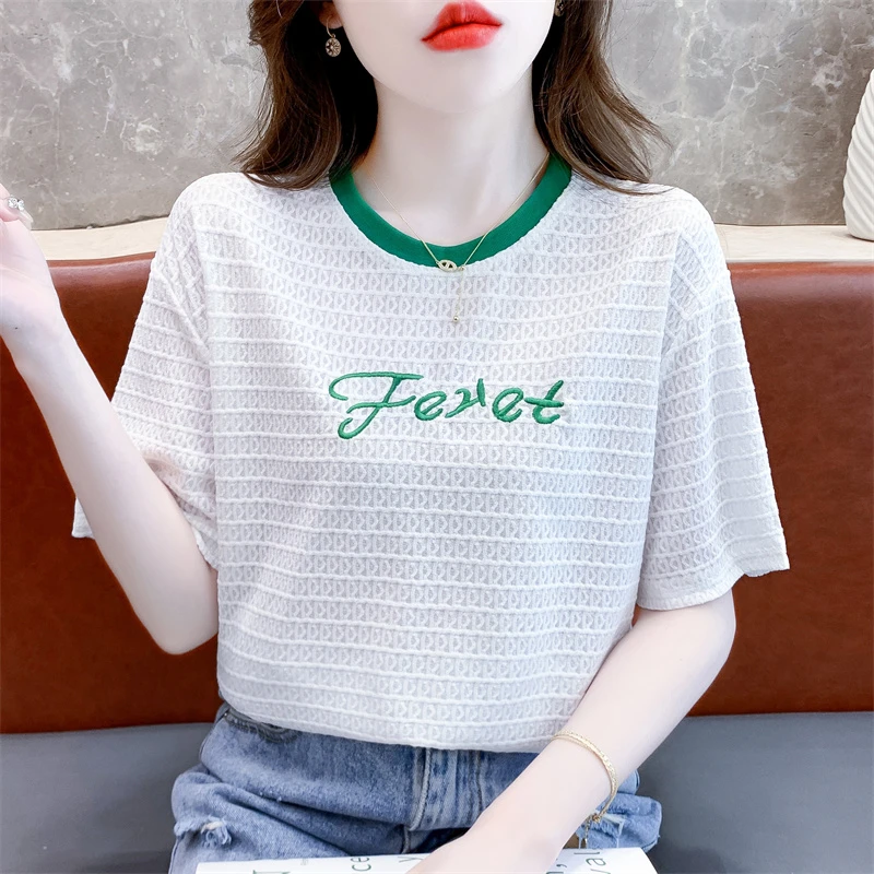 蕾丝短袖女士上衣夏季新款宽松字母刺绣设计感体恤时尚洋气T恤衫