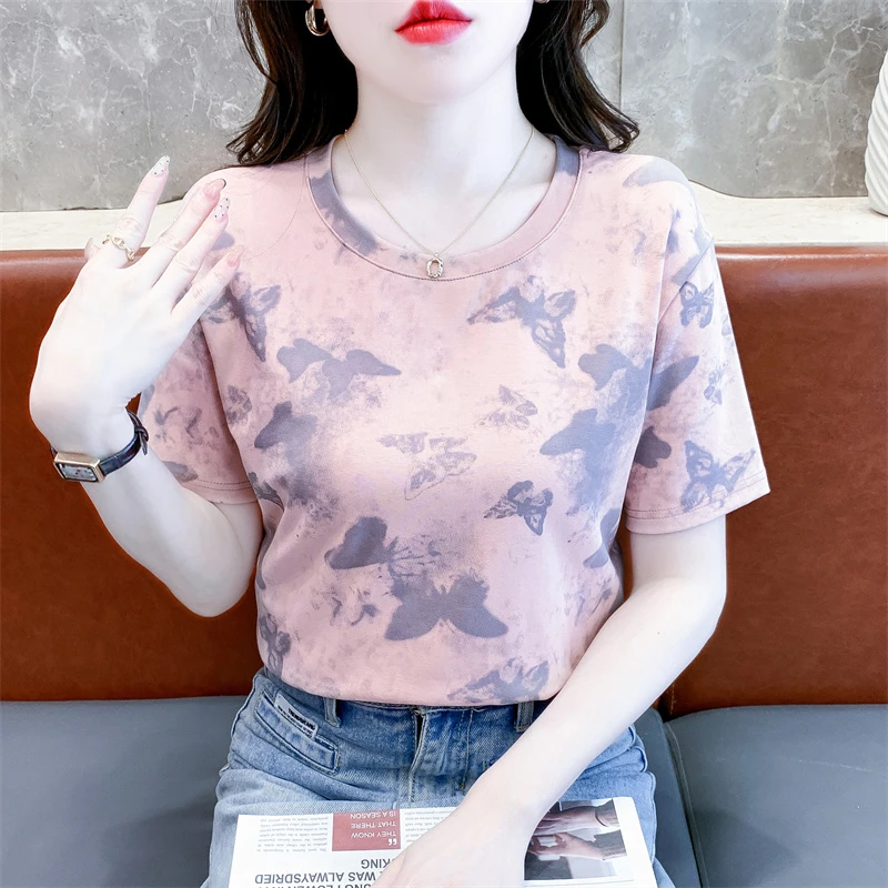 时尚蝴蝶印花短袖t恤女2024夏季新款宽松休闲体恤百搭设计感上衣