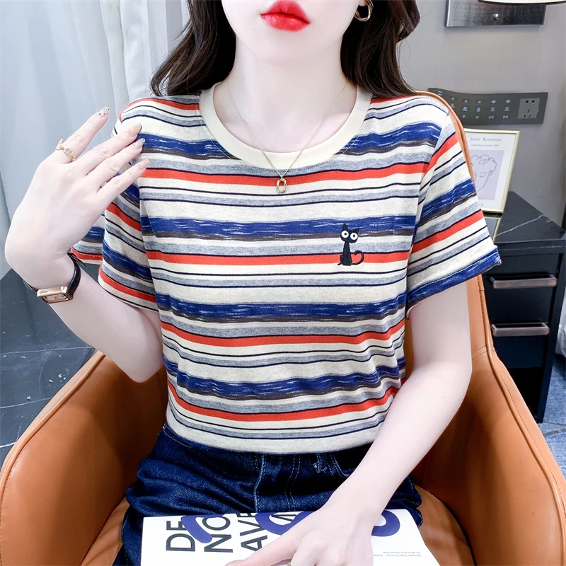 撞色条纹短袖T恤女夏季新款宽松简约休闲刺绣气质百搭圆领上衣服