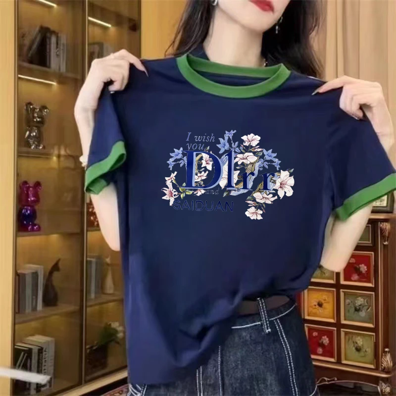 时尚撞色印花短袖t恤女士夏季新款宽松休闲百搭印花减龄别致上衣